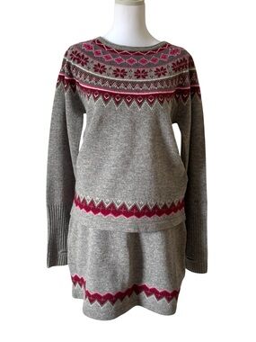 Skhoop Fair Isle Sweater & Skirt Scandinavian 100% Lambswool Gray Pink Medium